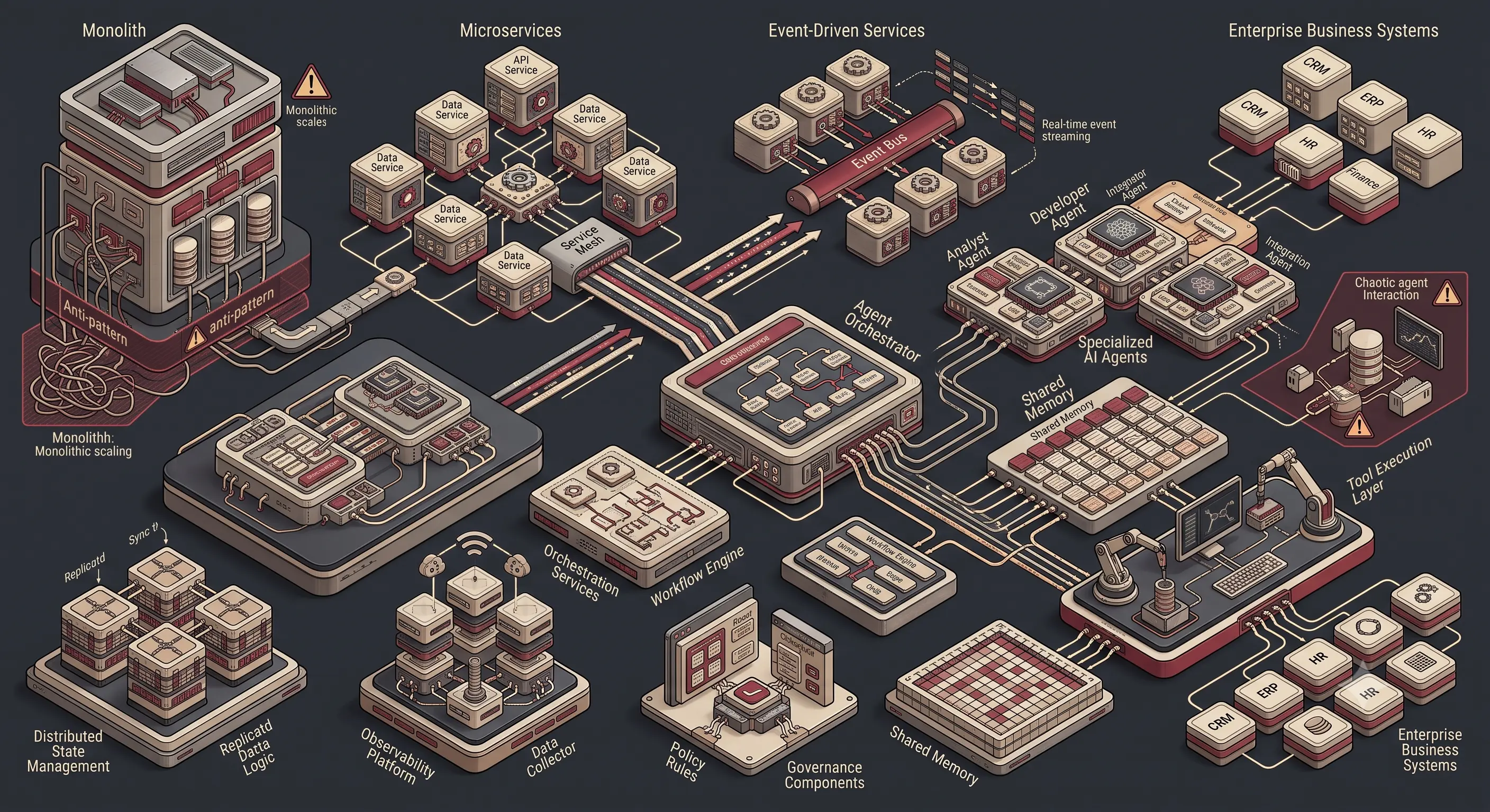 An enterprise software architecture illustration comparing modern architectural patterns for Agentic AI systems. Visualize multiple architectural styles connected through a structured evolution path including Monolith → Microservices → Event-Driven Services → Agent Orchestrator → Specialized AI Agents → Shared Memory → Tool Execution Layer → Enterprise Business Systems. Include architectural pattern modules, anti-pattern warning zones, orchestration services, asynchronous messaging, distributed state management, workflow engines, observability platforms, and governance components represented as technical engineering structures rather than generic glowing nodes. Premium 3D isometric enterprise engineering style with graphite background accented by deep crimson, brushed titanium, sandstone, and warm ivory highlights. Technical architecture visualization focused on software evolution and enterprise system design. No dashboards, no infrastructure control rooms, no text labels, no logos, no watermark, no blue palette, no purple neon.