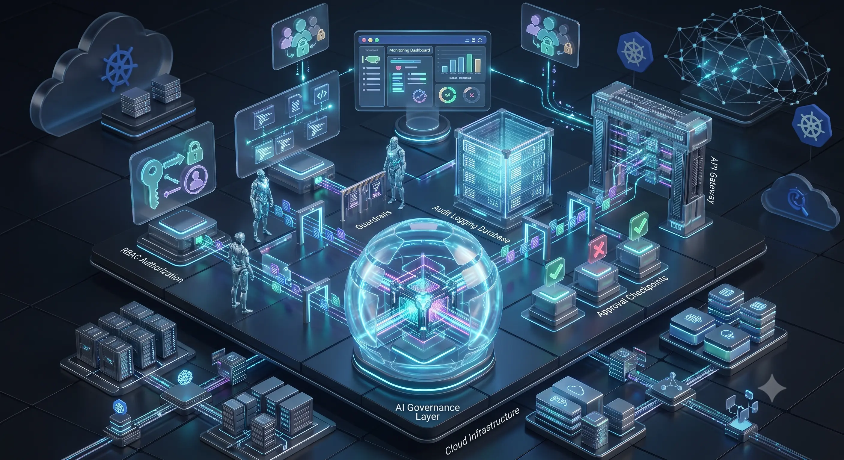 Enterprise AI governance architecture enforcing RBAC, guardrails, approval workflows, and audit trails for secure autonomous AI operations.