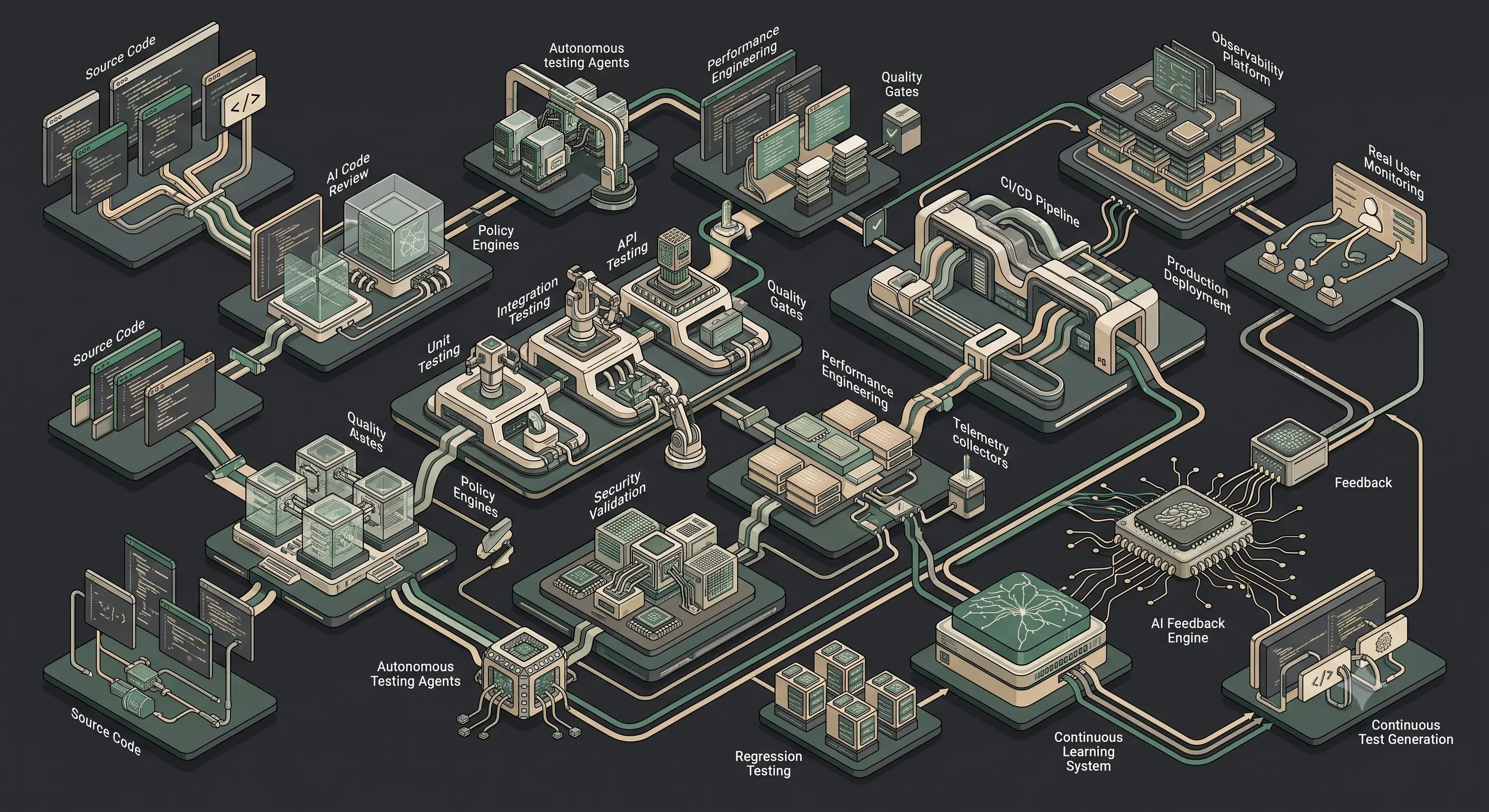 Enterprise AI testing architecture illustrating automated quality engineering from code generation and CI/CD testing to production observability, user experience monitoring, and continuous learning.