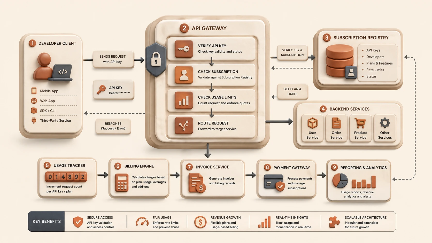 System architecture diagram and conceptual workflow layout for API Monetization & Internal Marketplaces.