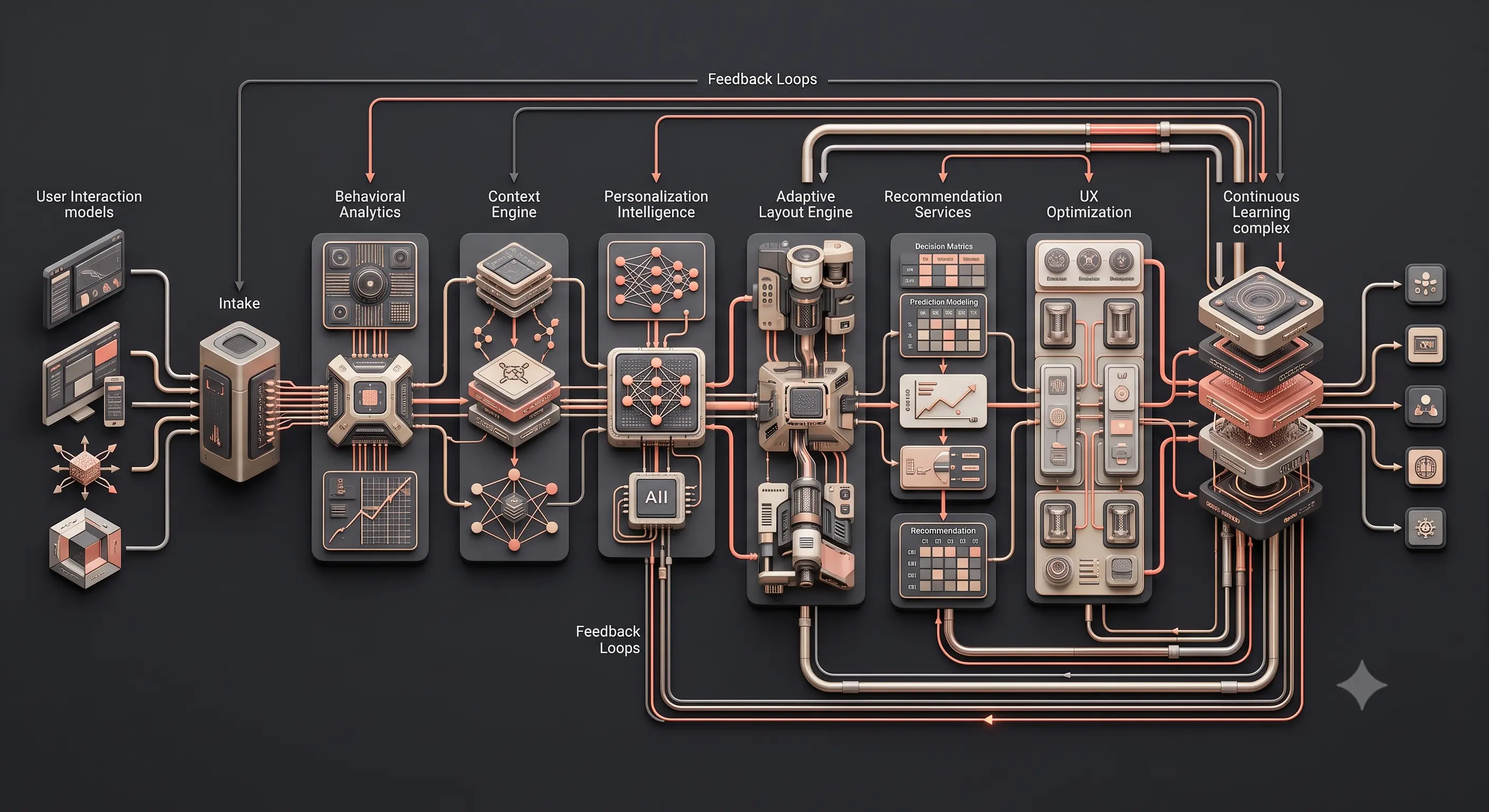 Enterprise AI architecture illustrating autonomous user interfaces that continuously adapt layouts, workflows, personalization, and user experiences using behavioral intelligence and contextual learning.