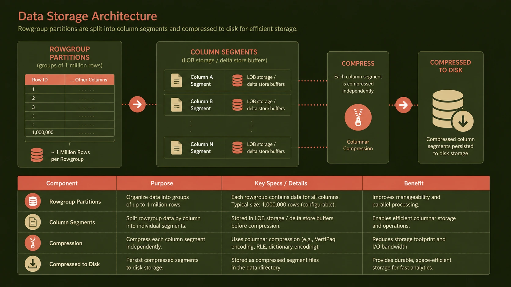 System architecture diagram and conceptual workflow layout for Clustered Columnstore Indexes in SQL Server 2014.