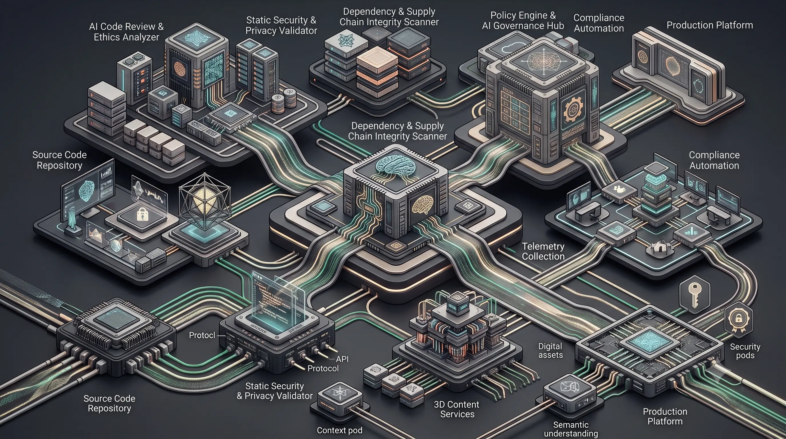 Enterprise Ethical DevOps architecture illustrating policy-driven software delivery with integrated security, privacy, compliance, AI governance, and continuous trust validation.