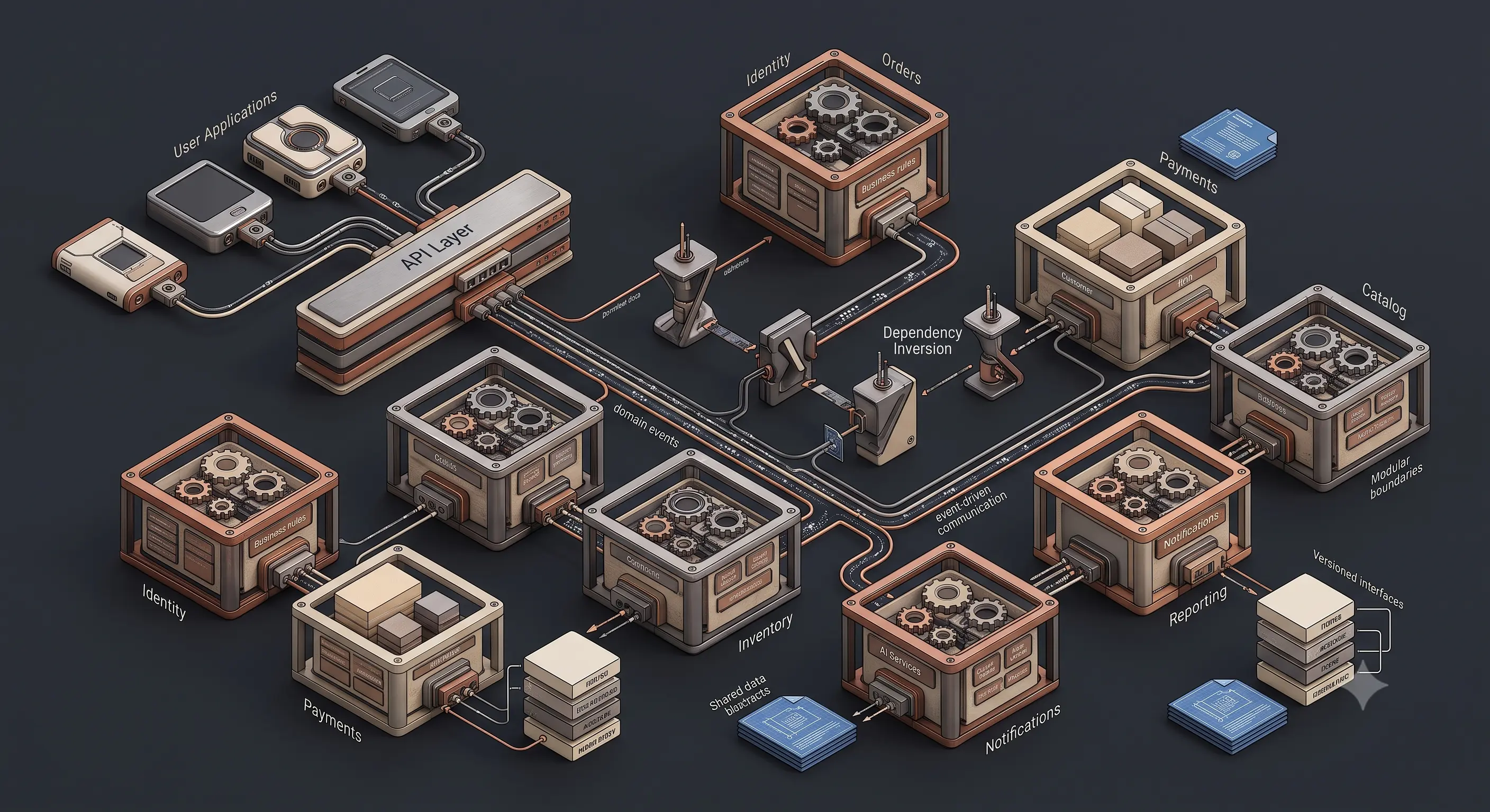 Enterprise software architecture illustrating composable business feature modules operating as independently deployable products connected through shared contracts and domain boundaries.