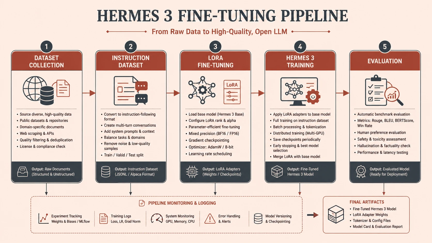 System architecture diagram and conceptual workflow layout for Fine-Tuning Hermes 3.