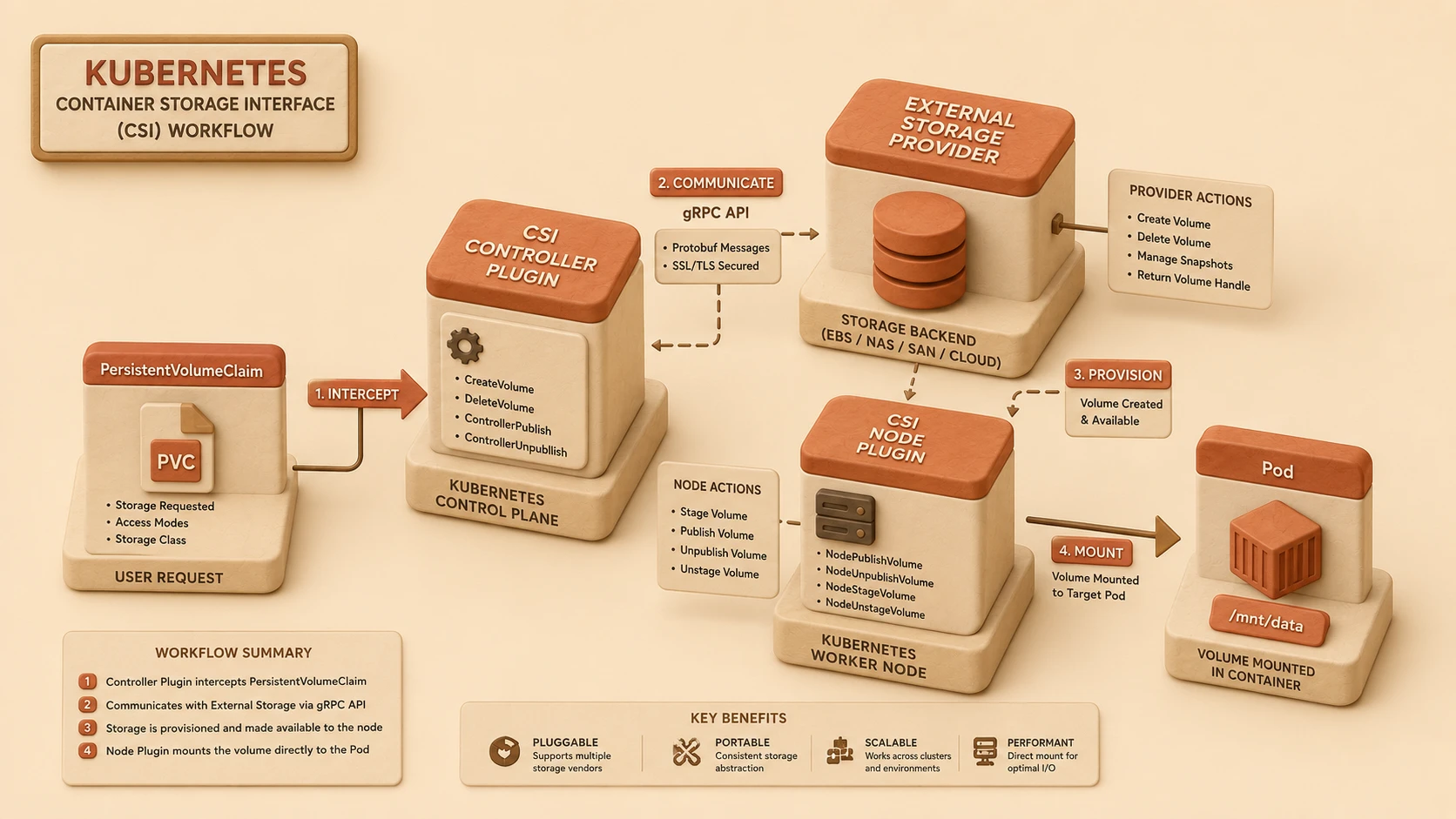 System architecture diagram and conceptual workflow layout for Kubernetes 1.13.
