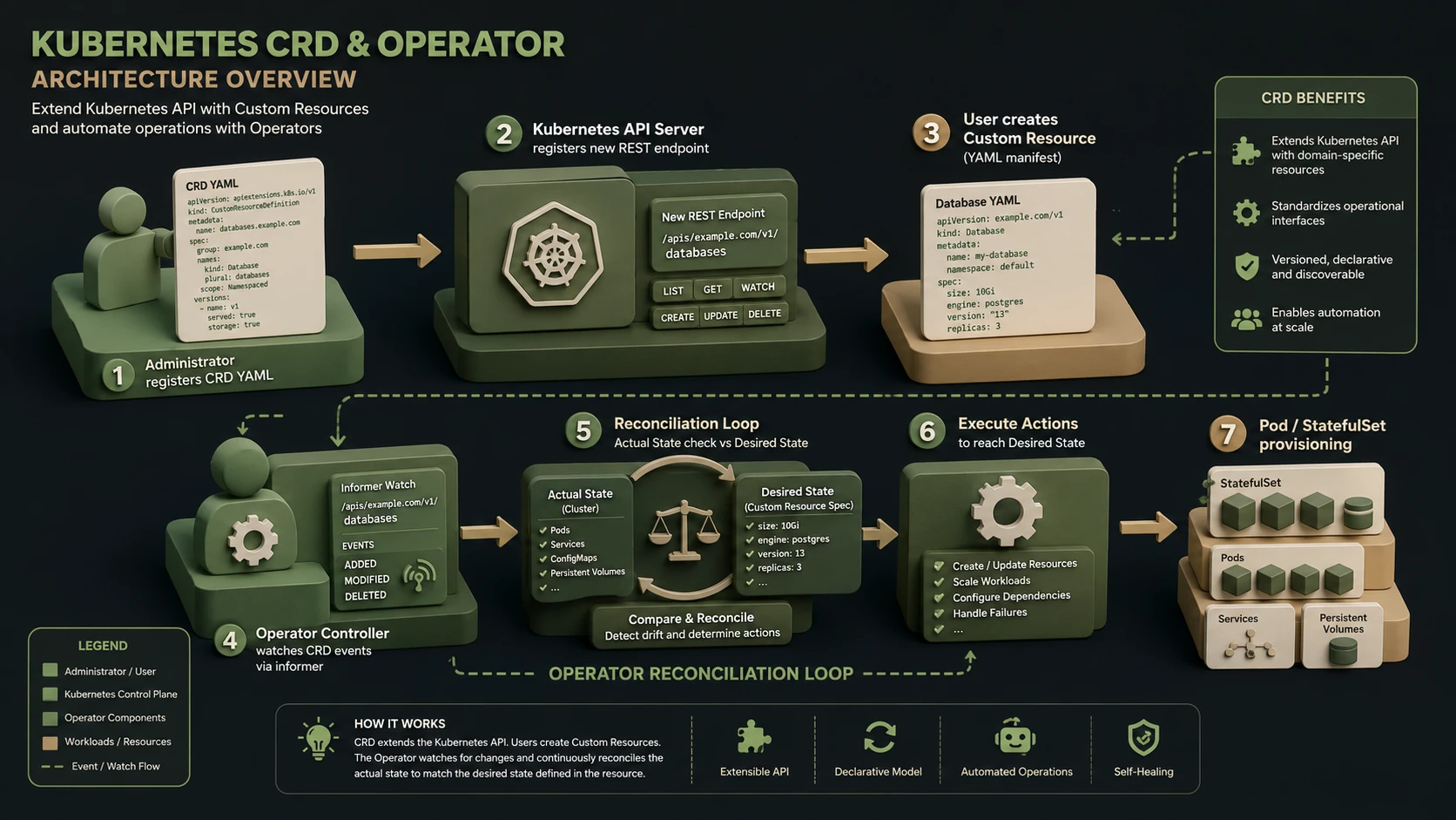 System architecture diagram and conceptual workflow layout for Kubernetes 1.7: Custom Resource Definitions (CRDs) and Operator Architectures.