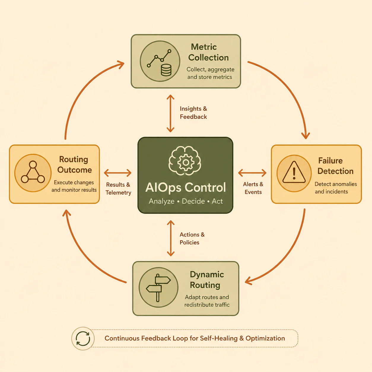 System architecture diagram and conceptual workflow layout for Micro-Service Meshes + AI Ops.
