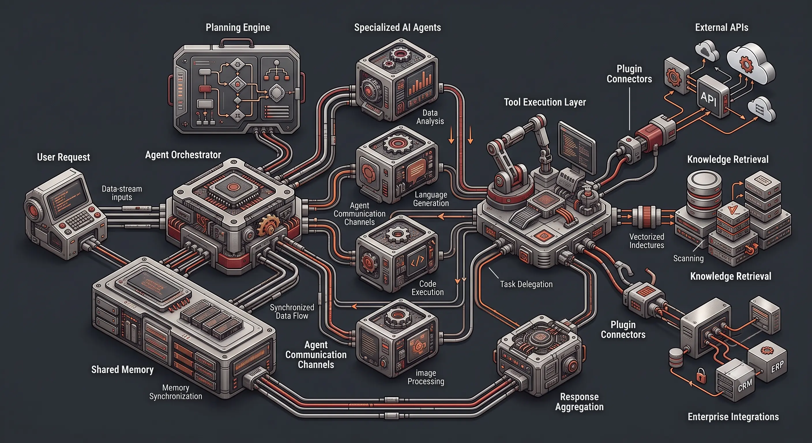 Technical architecture illustrating the OpenClaw framework orchestrating multiple AI agents, shared memory, tool execution, reasoning workflows, and enterprise integrations within an open-source AI platform.