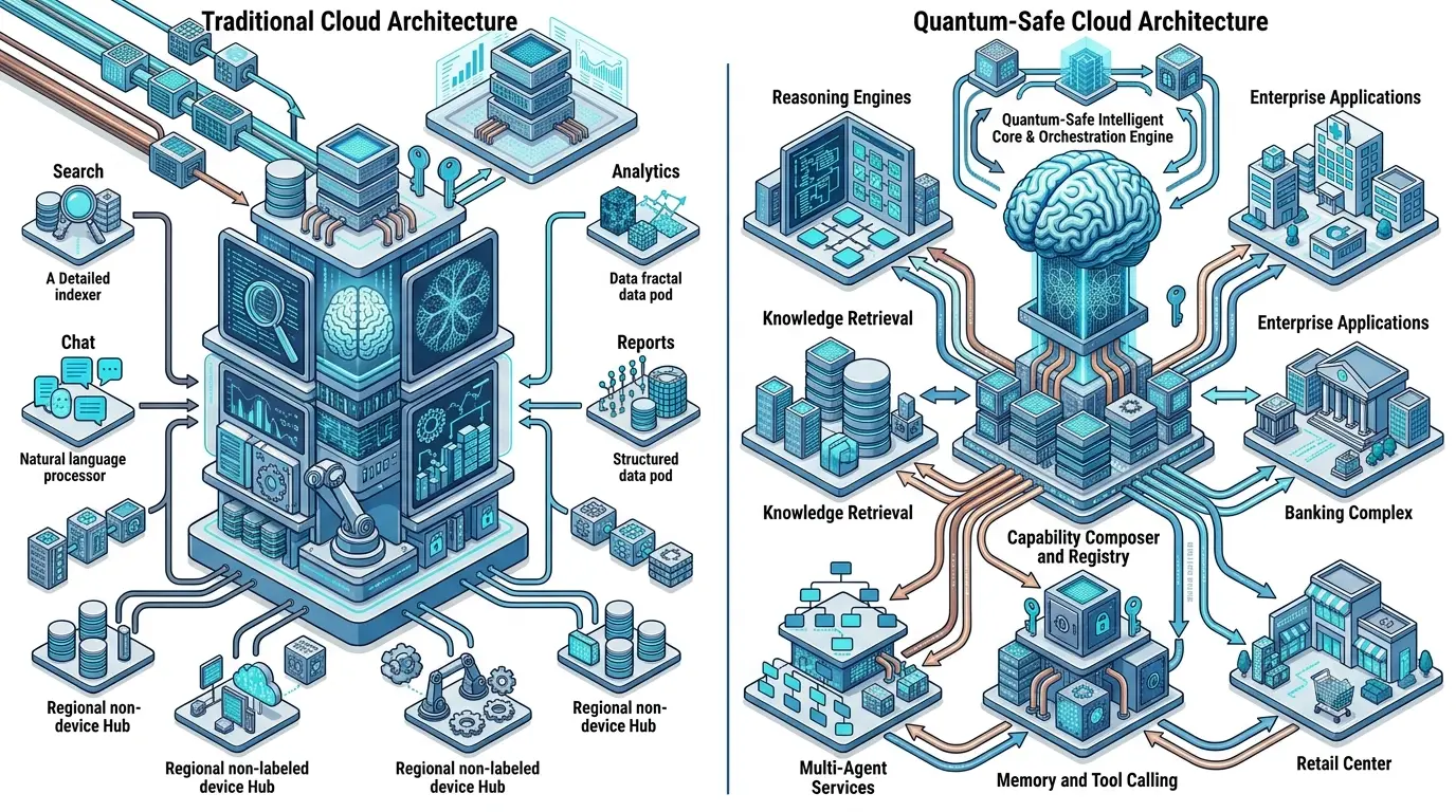 A quantum-safe cloud architecture integrates post-quantum cryptography, Zero Trust security, and modern cloud services to protect enterprise workloads against future quantum threats.