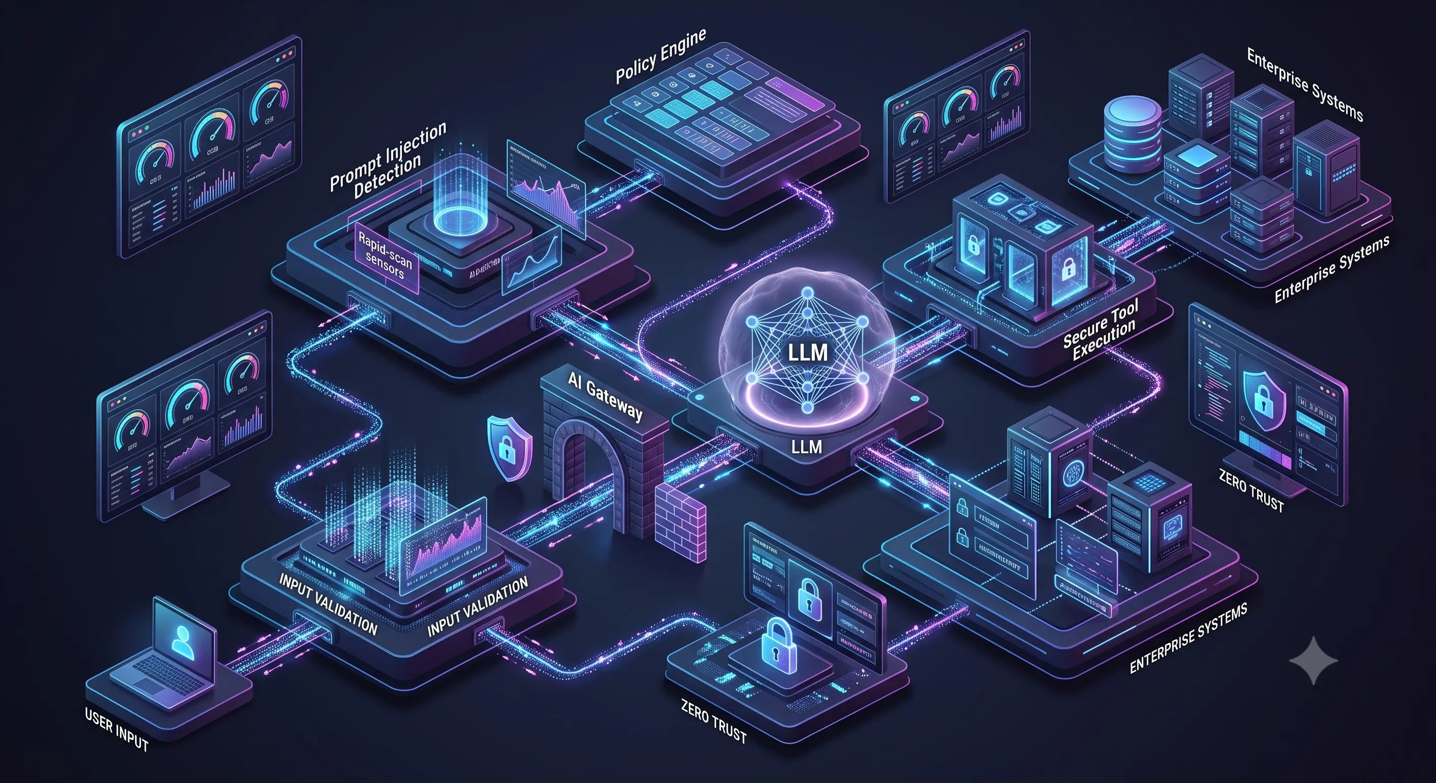 Enterprise AI gateway architecture demonstrating layered defenses against prompt injection attacks through input validation, policy enforcement, secure tool execution, and continuous monitoring.