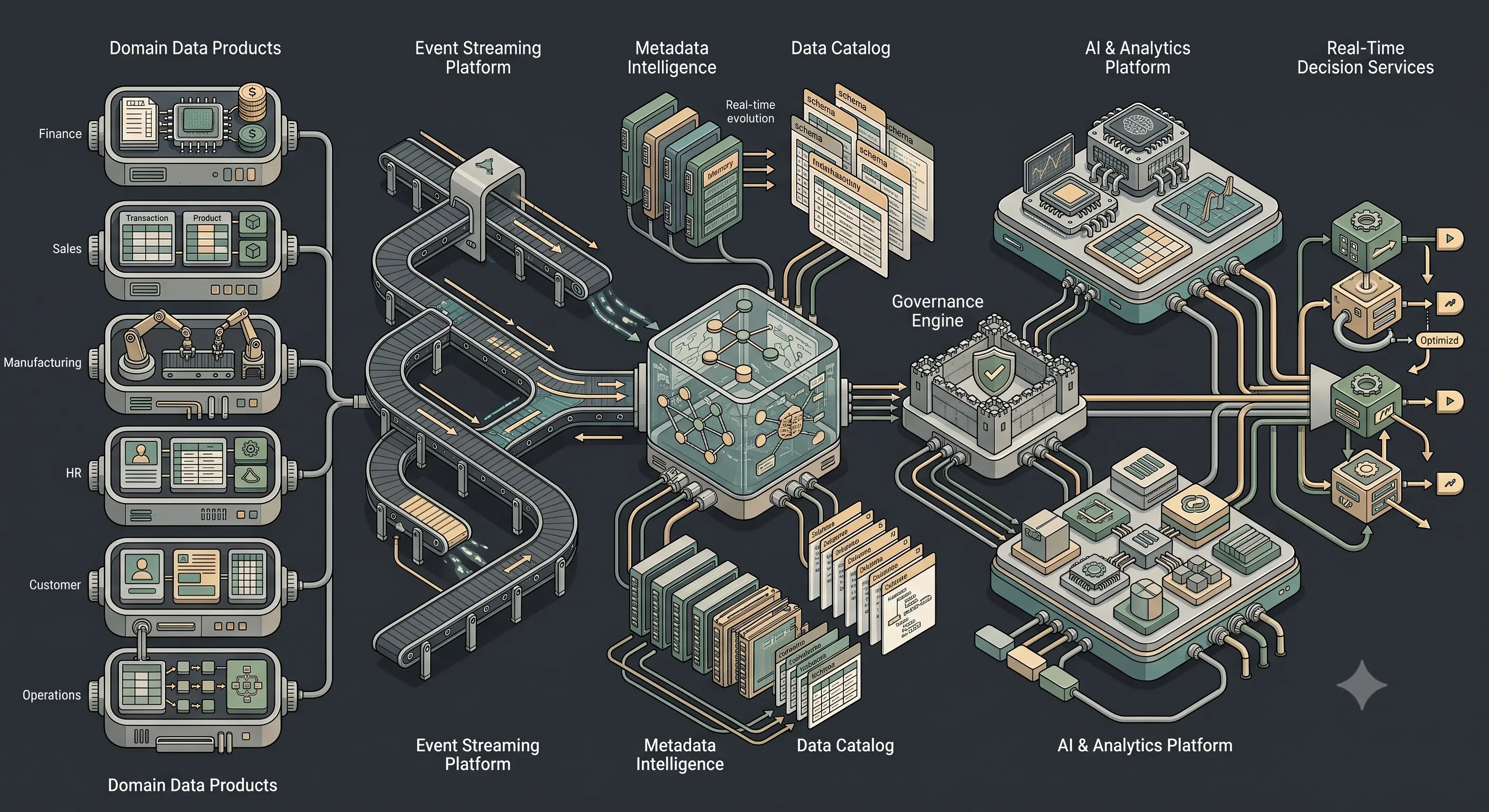 Enterprise Data Fabric architecture illustrating semantic layers, domain-driven data products, event streaming, metadata services, governance, and real-time analytics across distributed business domains.