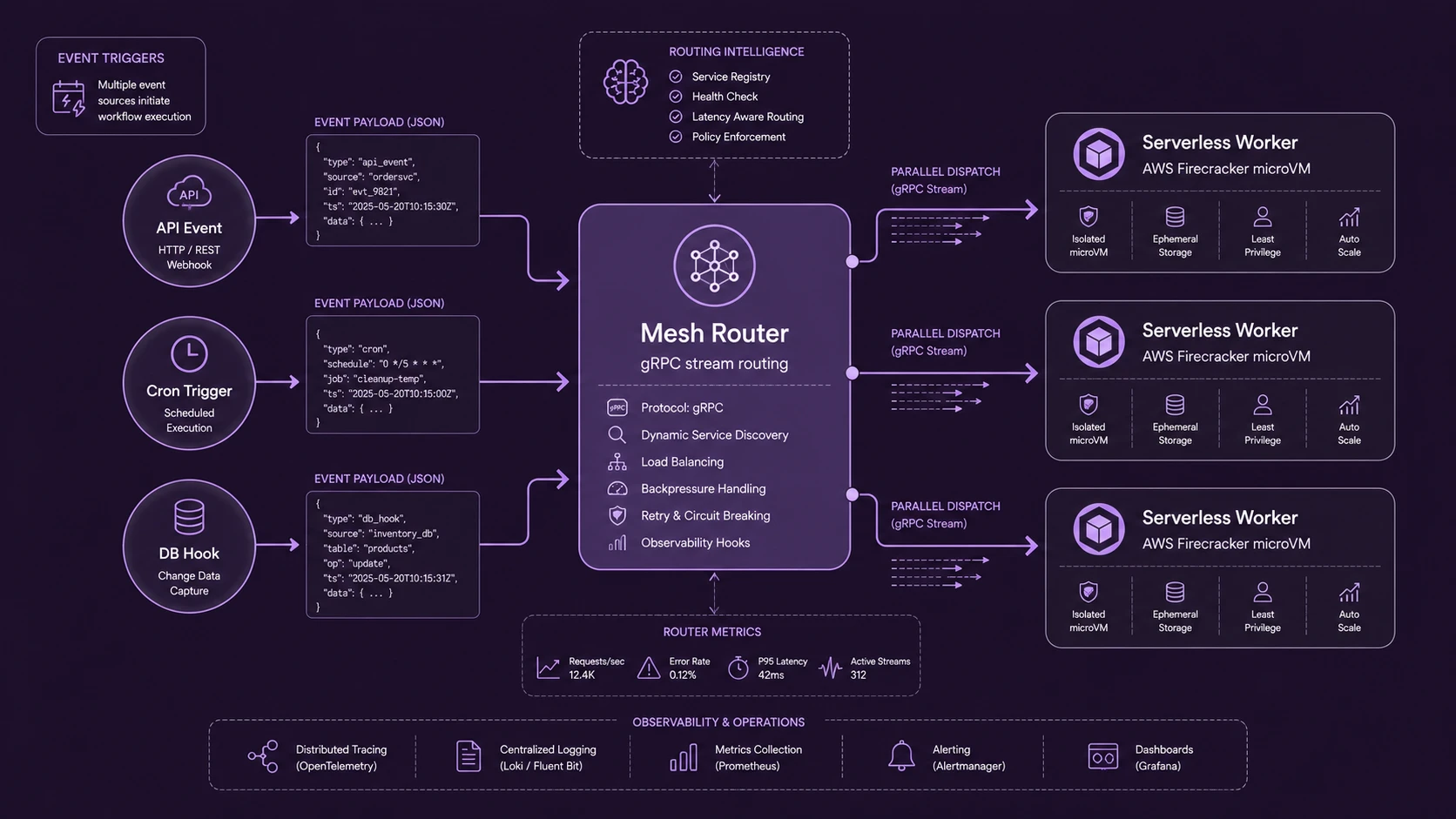 System architecture diagram and conceptual workflow layout for Serverless Containers and Function Meshes.