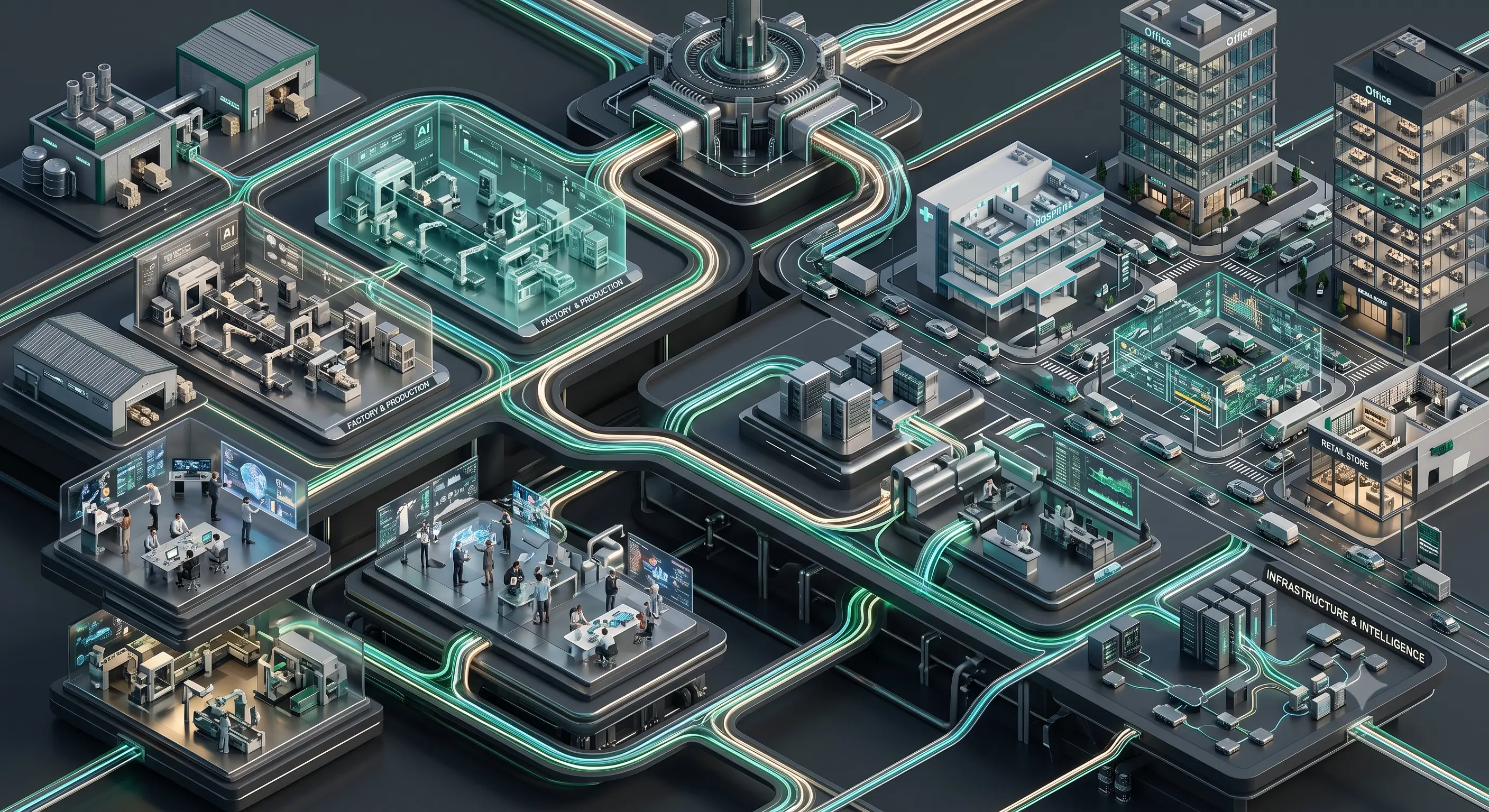 Enterprise Spatial Web architecture illustrating AI, digital twins, IoT, cloud services, XR devices, and real-world environments seamlessly connected through a unified spatial computing platform.