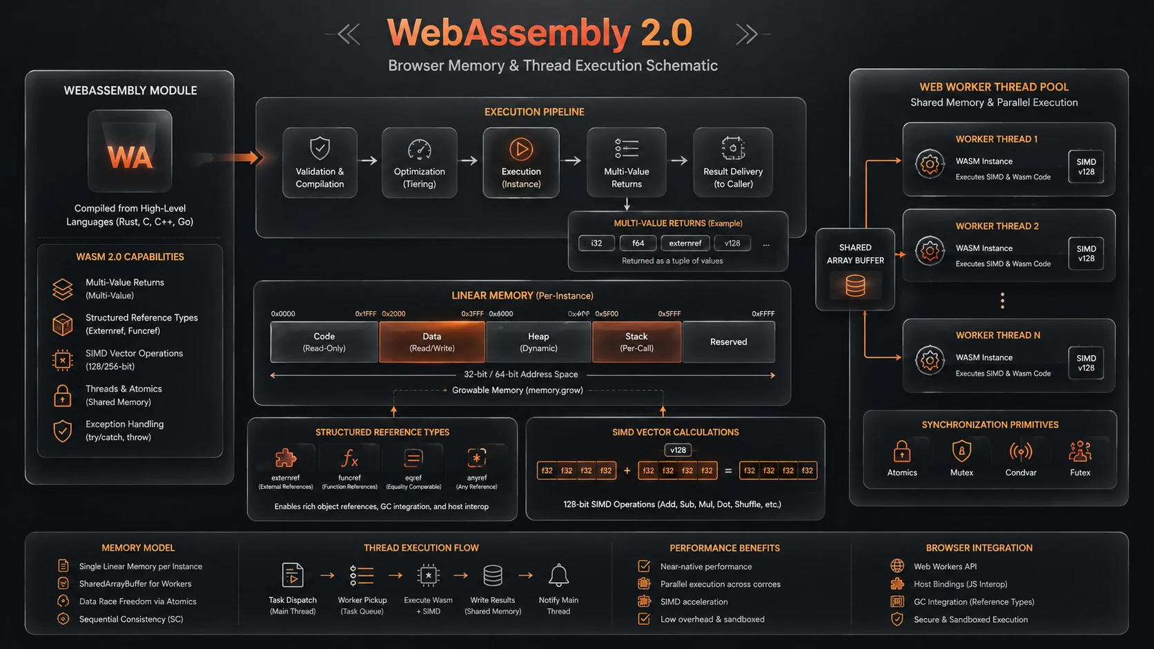 System architecture diagram and conceptual workflow layout for WebAssembly 2.0 & Beyond.