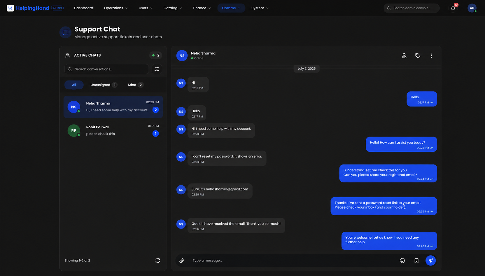 Admin Support Chat Console (SignalR)